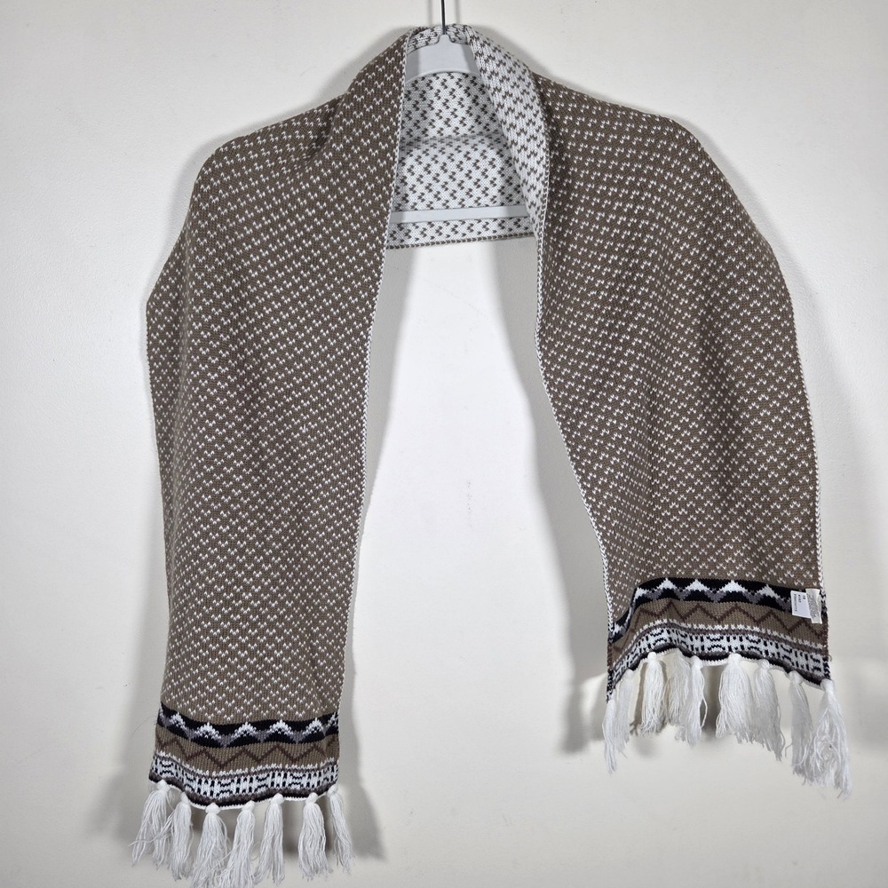 Merona Scarf Unisex OS Wool Blend Brown Fair Isle Tassel Knit Winter Cozy Warm